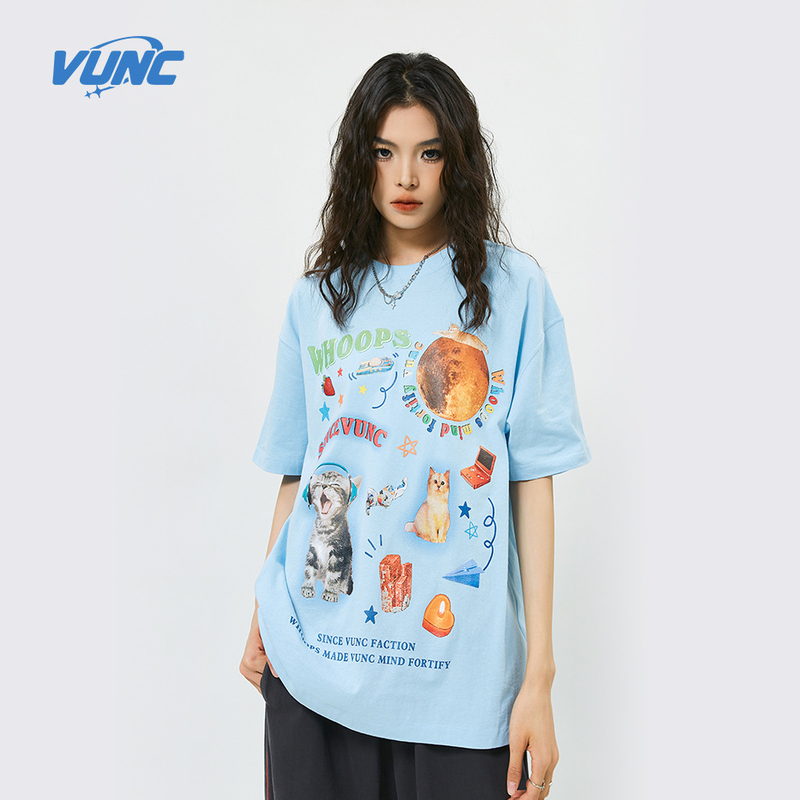 夏季甜酷數碼短袖 - 情侶圓領寬松T恤