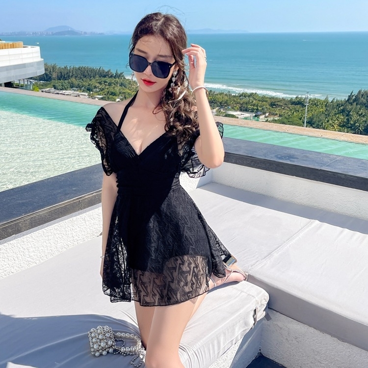 蕾絲純色連體泳衣