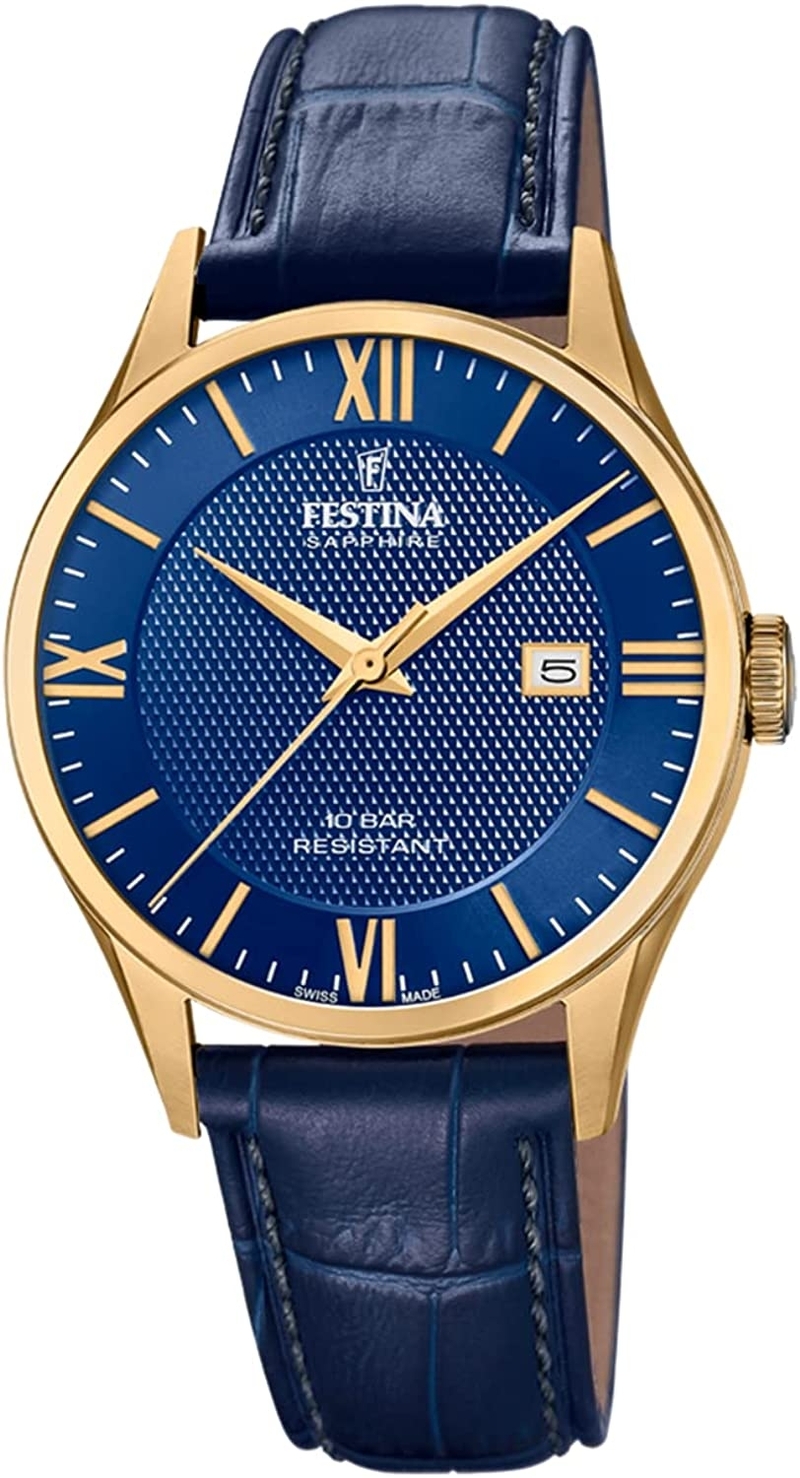 Festina 瑞士製造男士金質皮革錶帶手錶F20010／3